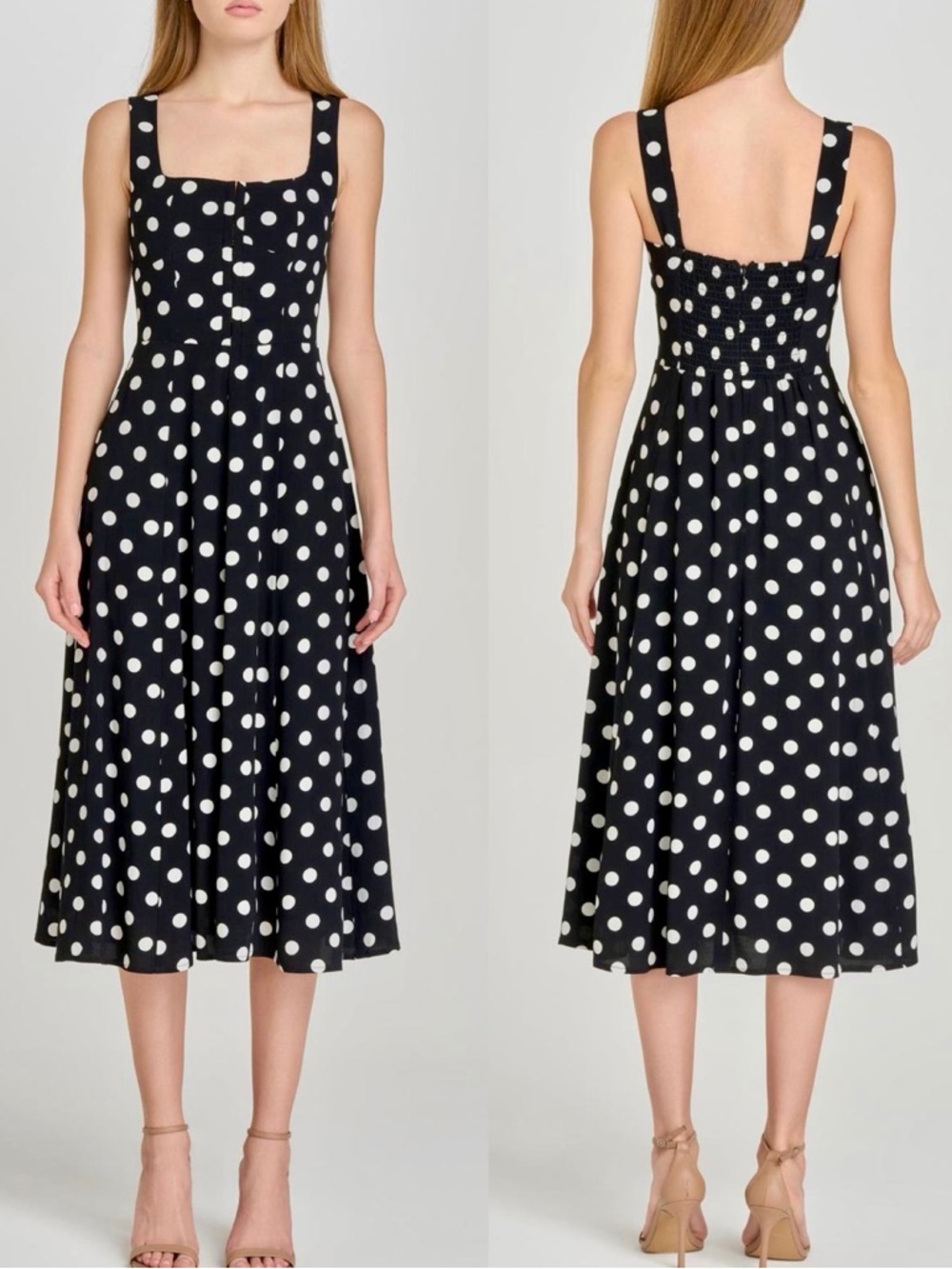 Wayf Black and White Polka Dot Midi Dress
